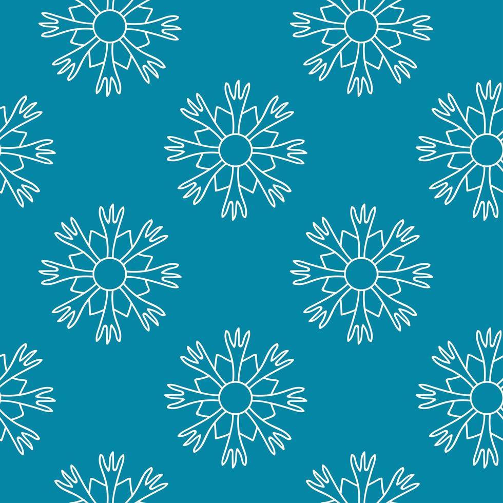 Seamless Pattern of Snowflakes in doodle style, white on a blue background. Winter decor for Christmas and New Year. Design of textiles, wrapping paper, cards, banners. Vector linear illustration