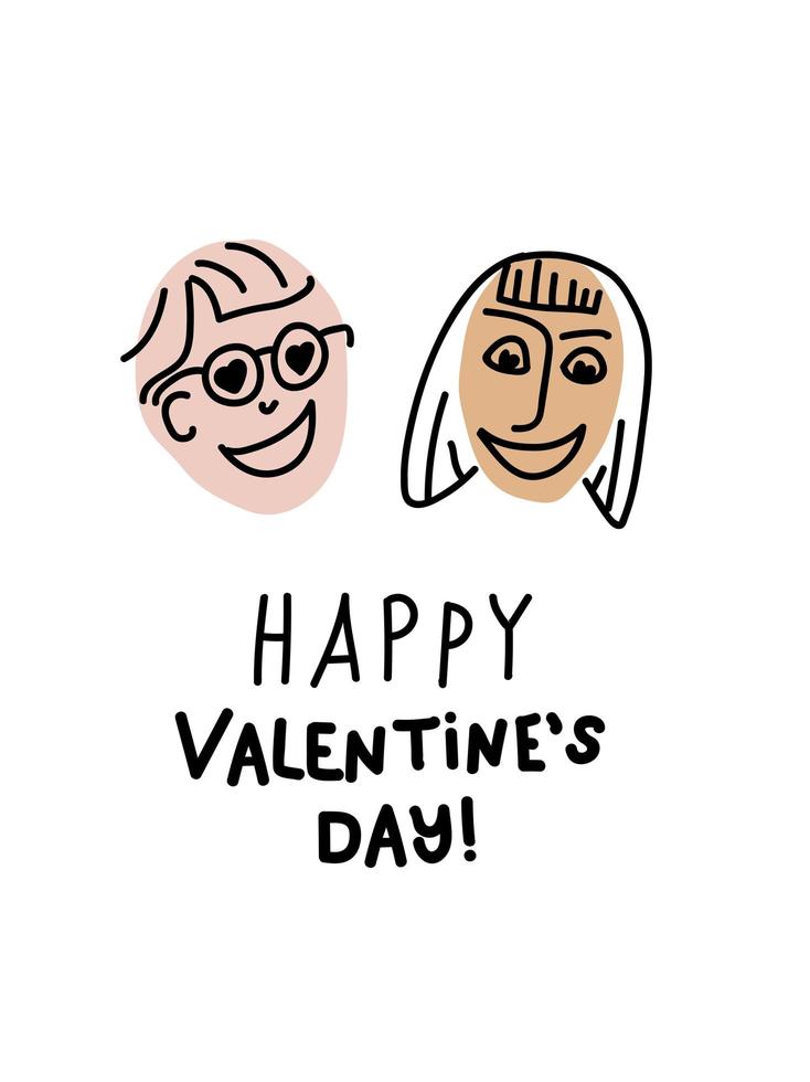 Heterosexual couple, man and woman. Face with emotions of love. Doodle Card with Lettering Happy Valentines Day. Love-day poster and postcard. Hand drawn line art vector illustration