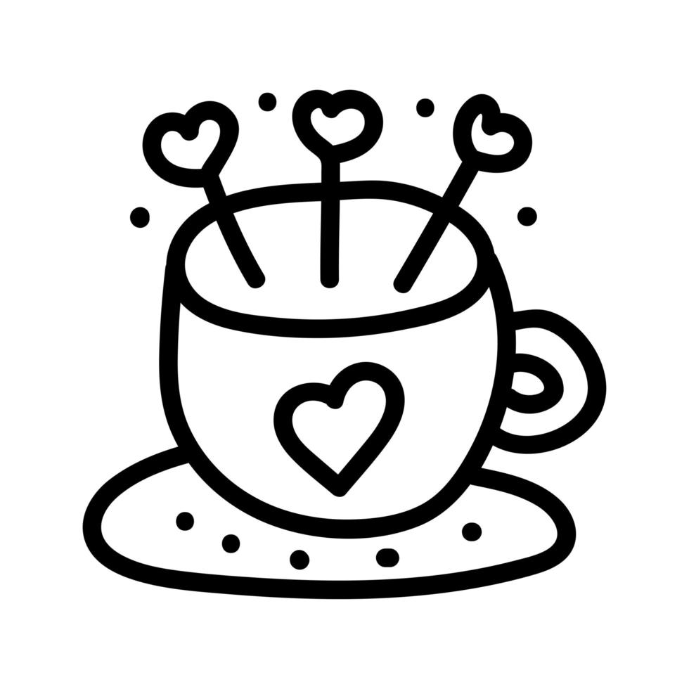 Valentines day Doodle icon Mug of coffee with hearts. Cup as a sign of a date of lovers. Hand draw Illustration for a cafe, web, banner, greeting card, print, flyer, poster, holiday invitations vector