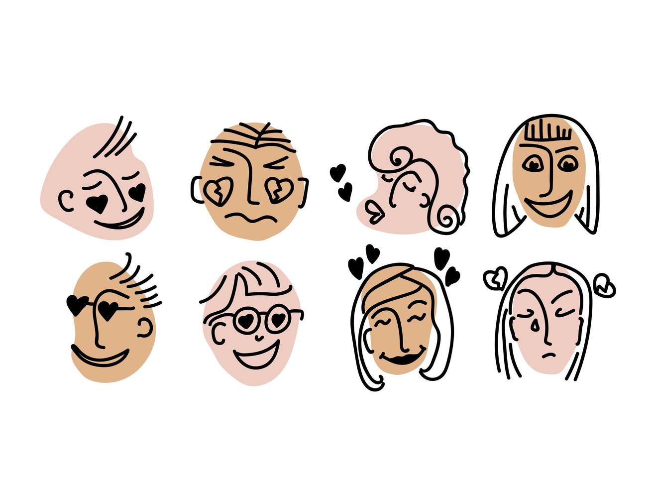 Doodle People in Love. Faces with emotions of love, happiness, flirting, romance, anger, sadness, passion. Icons for Valentines Day. For poster, t-shirts and card. Hand drawn vector illustration