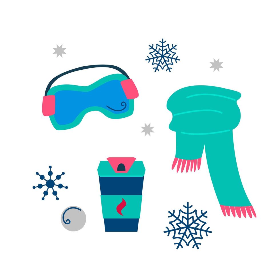 Set Winter Sports Accessories, scarf, goggles, thermo cup of coffee and snowflake. Object group flat vector cartoon illustration of winter-time activity isolated on white background