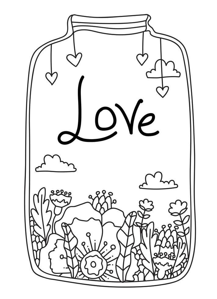 Valentines Day Doodle coloring book page. Glass jar with flowers, hearts and the letteing Love. Vector Lines art design anti-stress for adults and kids. Hand drawn Love Cards