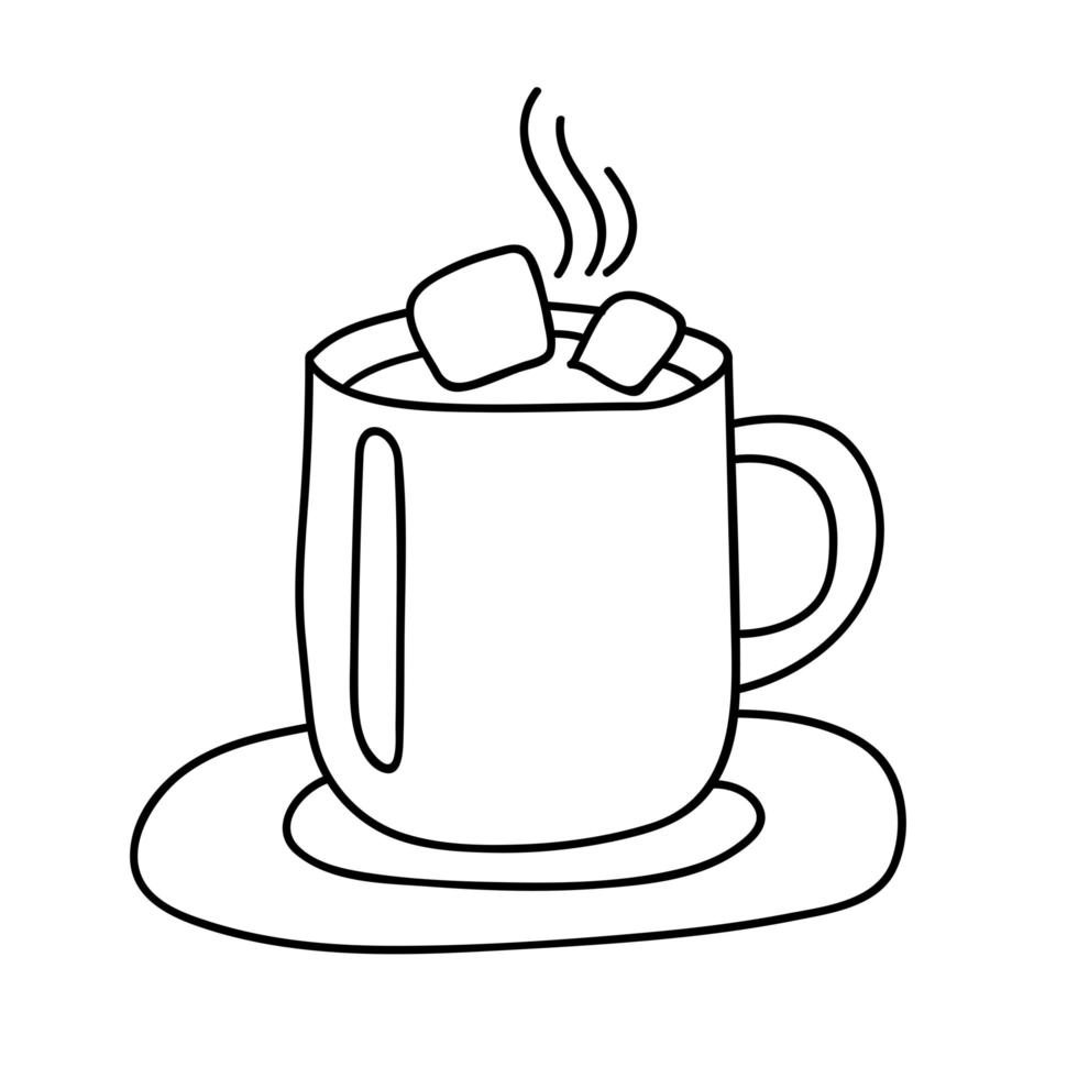 Linear hot cup of Chocolate with Marshmallows. Winter Hygge. Vector illustration in Scandinavian, Nordic style. Hand drawn line art