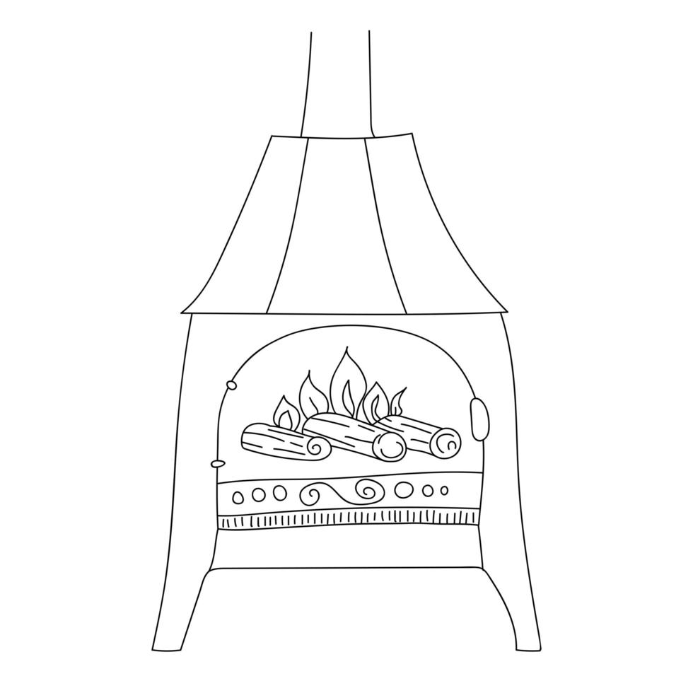 Fireplace in Scandinavian style on legs with decor. Fire is burning in the fireplace. Cozy European hygge. Hand drawn line art illustration for your design. Isolated line on white background. vector