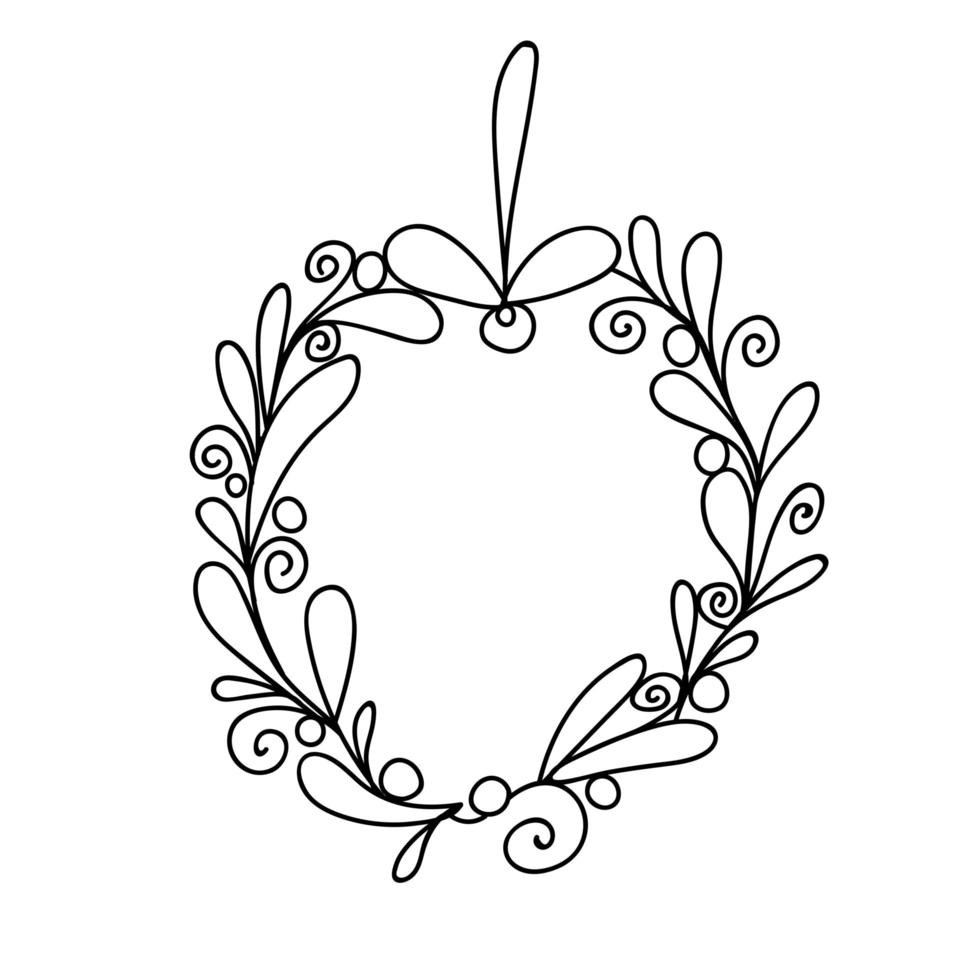 Round wreath of leaves, branches and berries. Lineart. Home decor in a minimalist, Scandinavian, Nordic and cozy Hugge style. Hand drawn linear art illustration for your design. vector