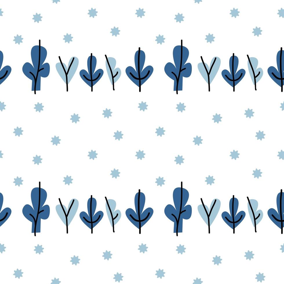 invierno azul y blanco abstracto de patrones sin fisuras con árboles y copos de nieve. Fondo de invierno de texturas dibujadas a mano de moda. diseño abstracto nevado para papel, tela, decoración de interiores, envoltura vector