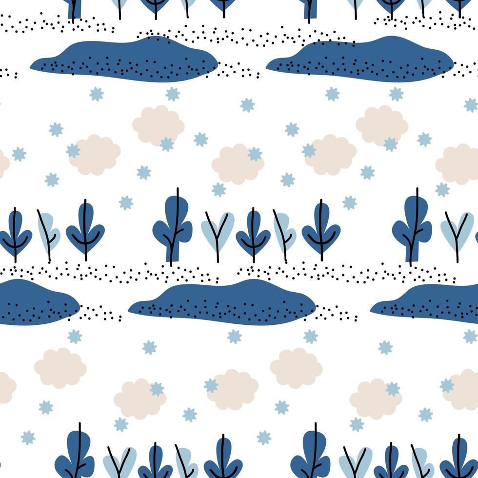 Blue and white Winter Abstract seamless Pattern with clouds, trees and snowflakes. Trendy hand drawn textures Winter-time Background. Snowy Abstractive design for paper, fabric, interior decor vector