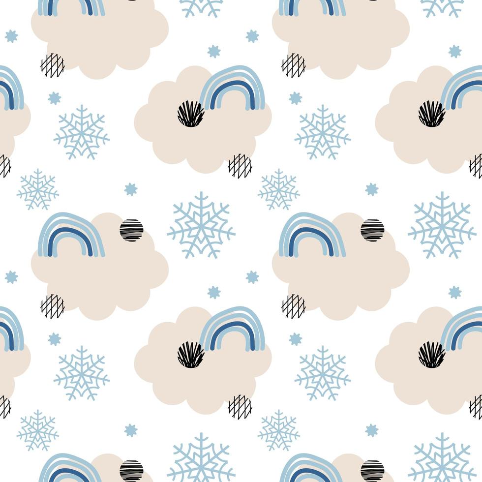 White Winter Abstract seamless Pattern with snowflakes, clouds, rainbow. Trendy hand drawn textures Winter-time Background. Snowy Abstractive design for paper, fabric, interior decor, vector