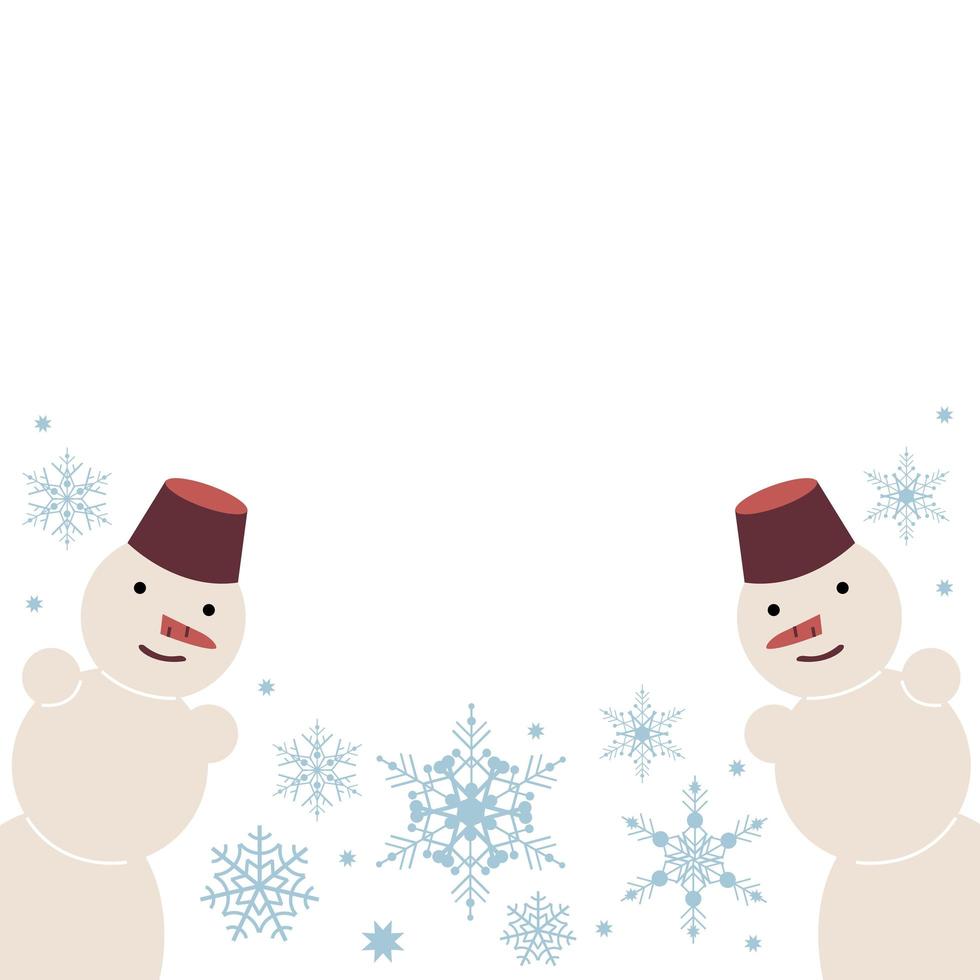 Snowmen and snowflakes festive winter frame for text. Design for cards, invitations, flyers, banners, advertisements, discounts, vouchers and more. Vector illustration in flat style