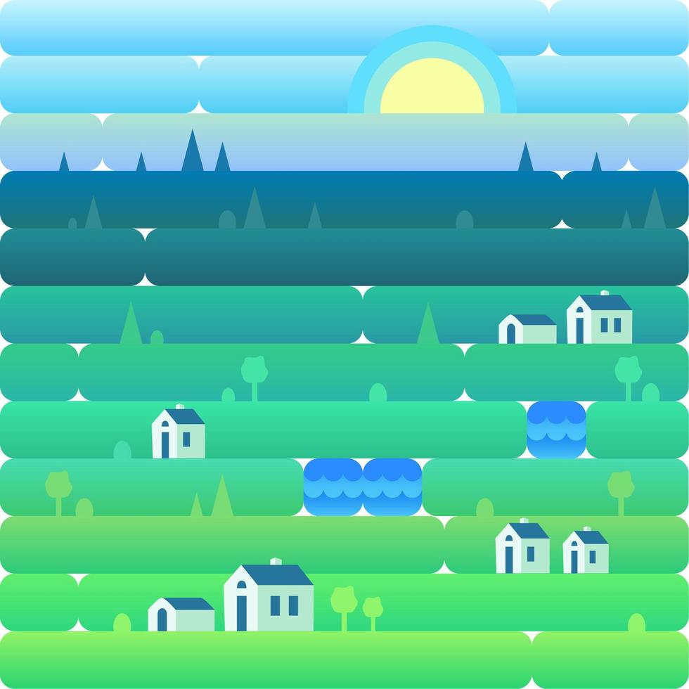 Landscape of countryside and nature. Houses, green grass, blue sky and lakes. Vector illustration in flat and gradient style