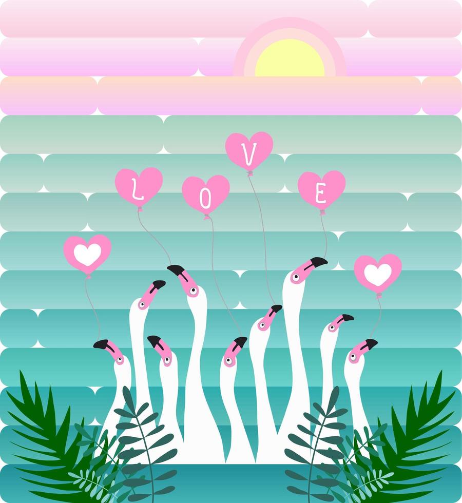 White flamingos on the background of the lake and sunrise, tropical leaves, landscape. Love and hearts. Vector illustration in cartoon style