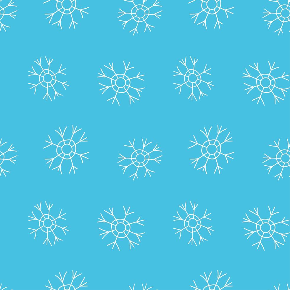 Seamless Pattern of Snowflakes in doodle style, white on a blue background. Winter decor for Christmas and New Year. Design Snow-flakes of textiles, wrapping paper, cards. Vector linear illustration