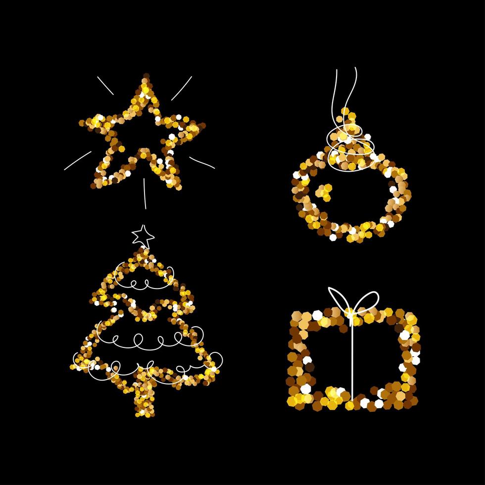 Christmas Gold Glitter Set, tree, gift box, star, ball. Merry Christmas and New Year holiday elements for a card, poster, website, banner. Glittery vector illustration