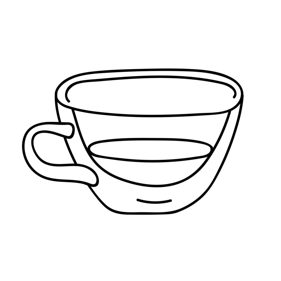 Glass, transparent mug, coffee or tea. Houseware, home decor in a minimalist, Scandinavian, Nordic and cozy Hugge style. Hand drawn linear art illustration for your design. Isolated black vector