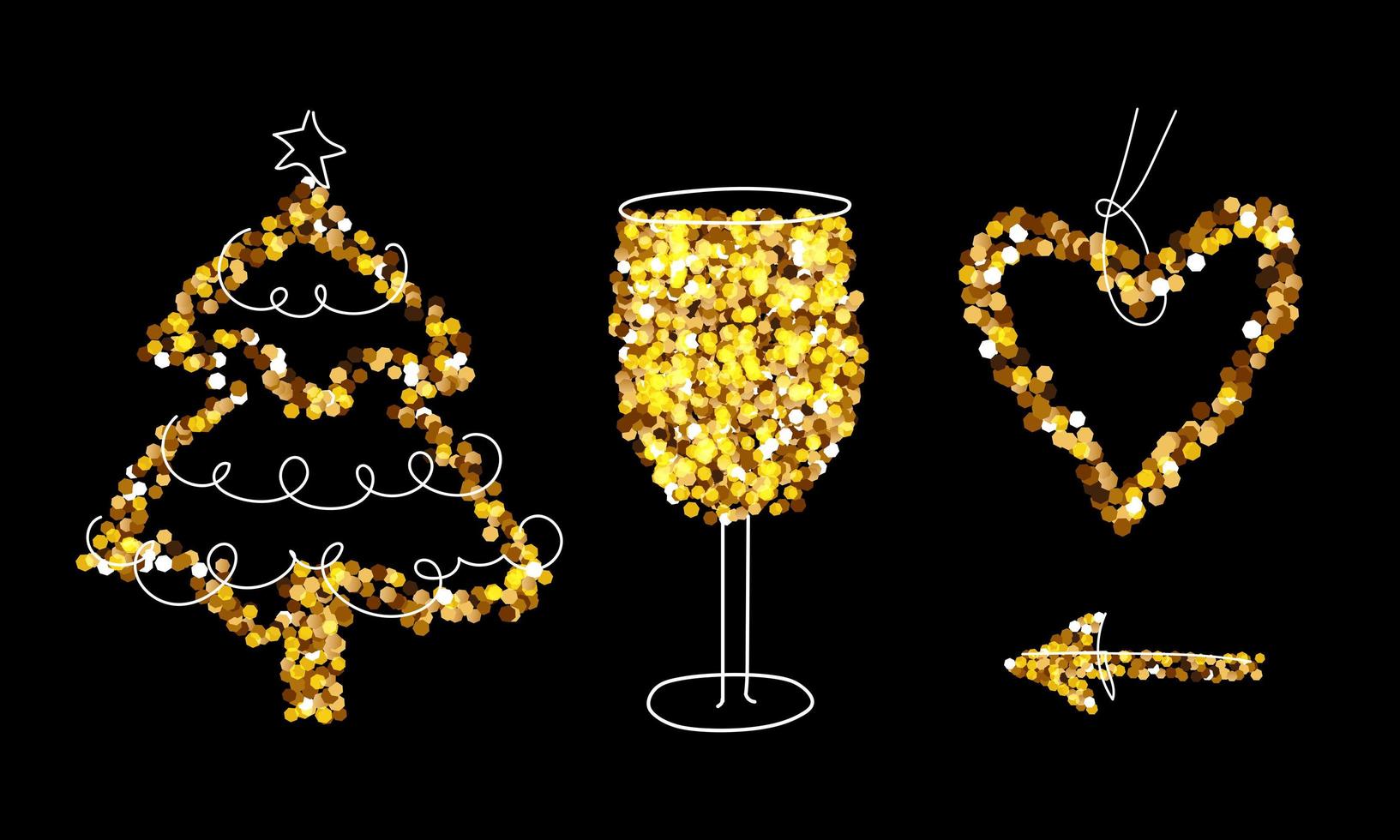 Christmas Gold Glitter Set, Champagne, tree, arrow, heart. Merry Christmas and New Year holiday elements for a card, poster, website, banner. Glittery vector illustration