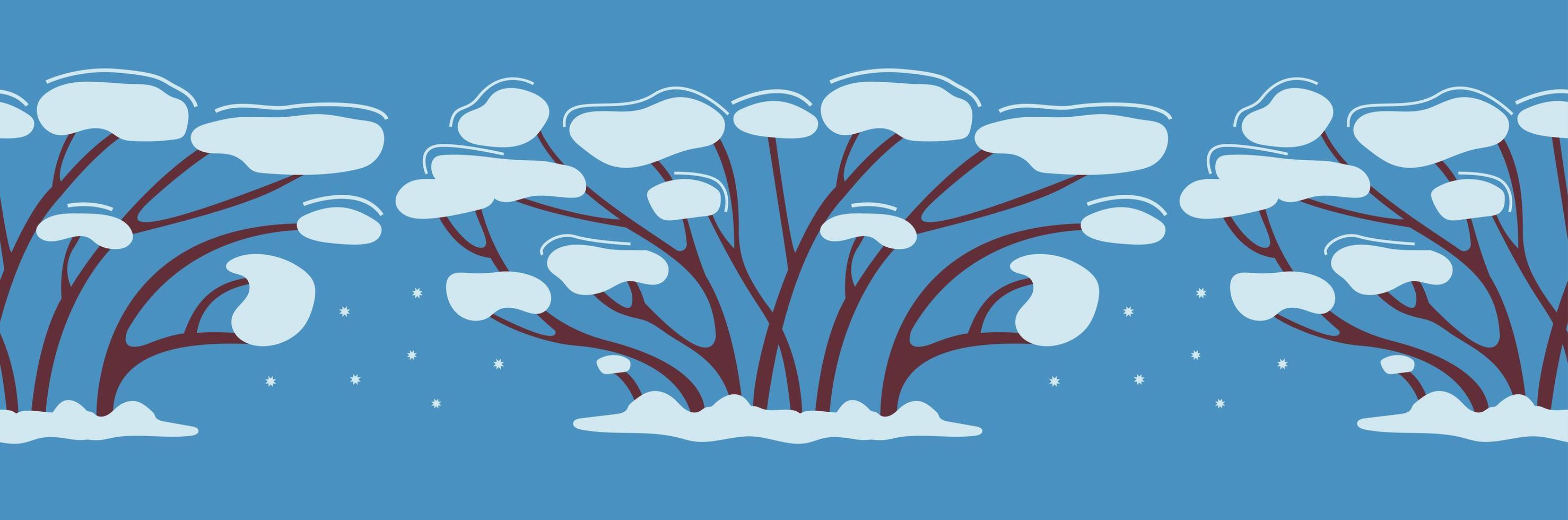 Winter seamless Pattern tree or bush in the snow. It grows in winter-time. Decor for New Year design. Adhesive tape design. Simple vector illustration in flat style on blue background