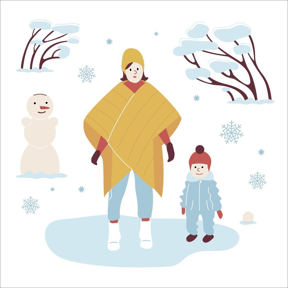 mamá y bebé en un paseo de invierno en ropa de abrigo de moda caminando en el parque con un muñeco de nieve, copos de nieve y árboles nevados. niñera y niño pequeño. ilustración vectorial en estilo plano vector