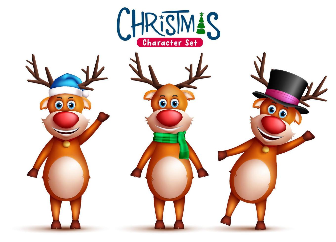 Reindeer christmas character vector set. 3d santa's reindeer characters in cute and jolly facial expressions wearing hat and scarf for xmas collection design. Vector illustration