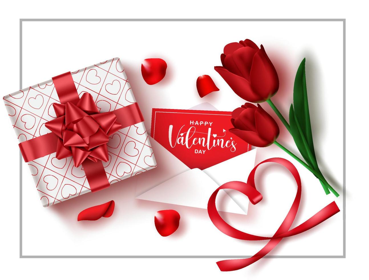Valentines vector background design. Happy valentine's day text in greeting card letter with tulips flower and gift element for romantic valentine celebration design. Vector illustration