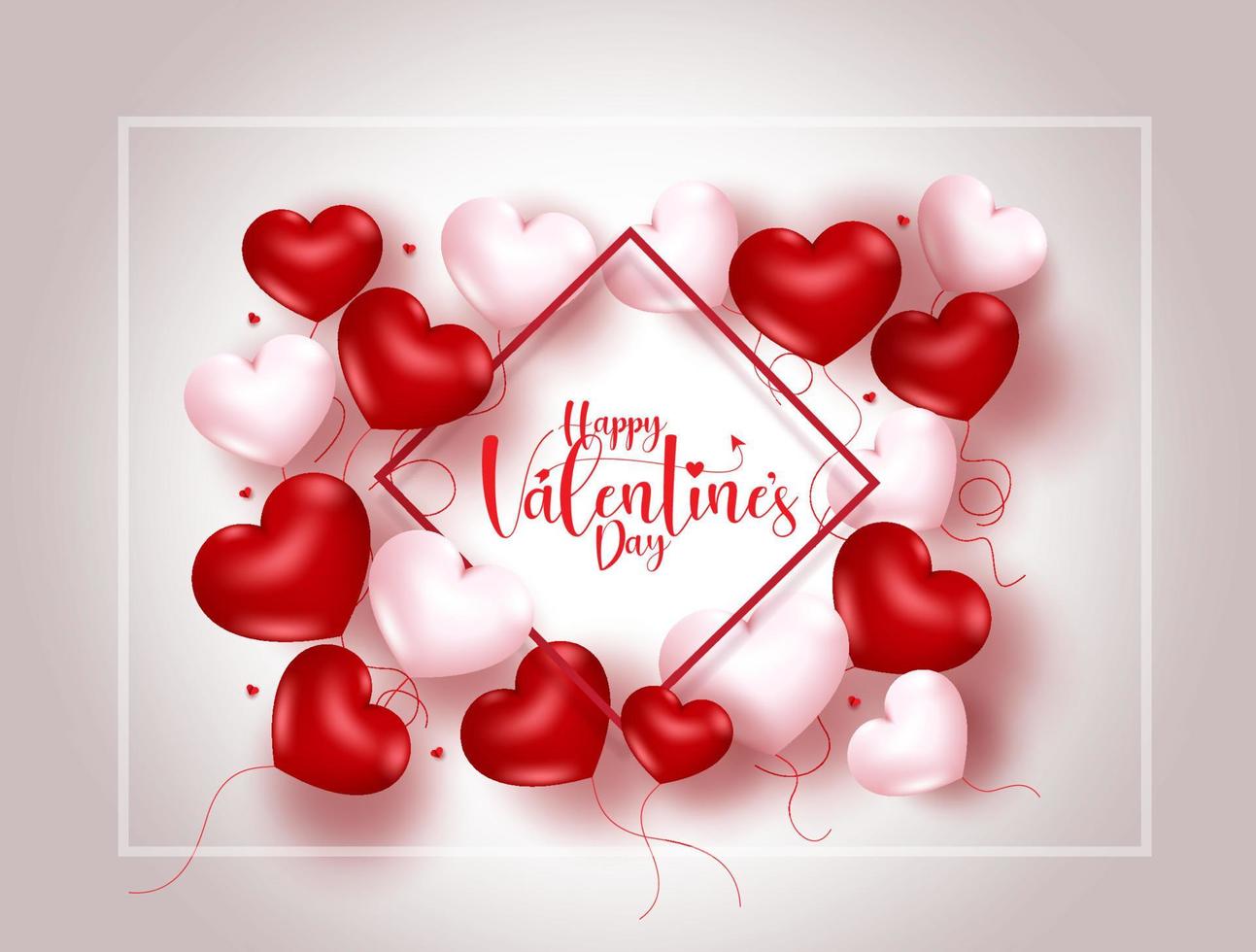 Plantilla de fondo de vector de globos de corazón de San Valentín. Texto de tipografía de feliz día de San Valentín en marco con elemento de globo de corazones para diseño de tarjeta de felicitación romántica. ilustración vectorial