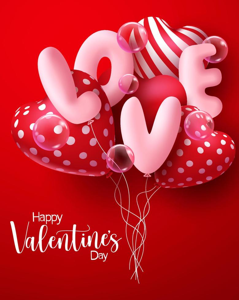 diseño de concepto de vector de día de San Valentín. feliz día de san valentín texto con amor y corazón globo realista 3d y elemento de burbujas flotando para la celebración del día de san valentín. ilustración vectorial