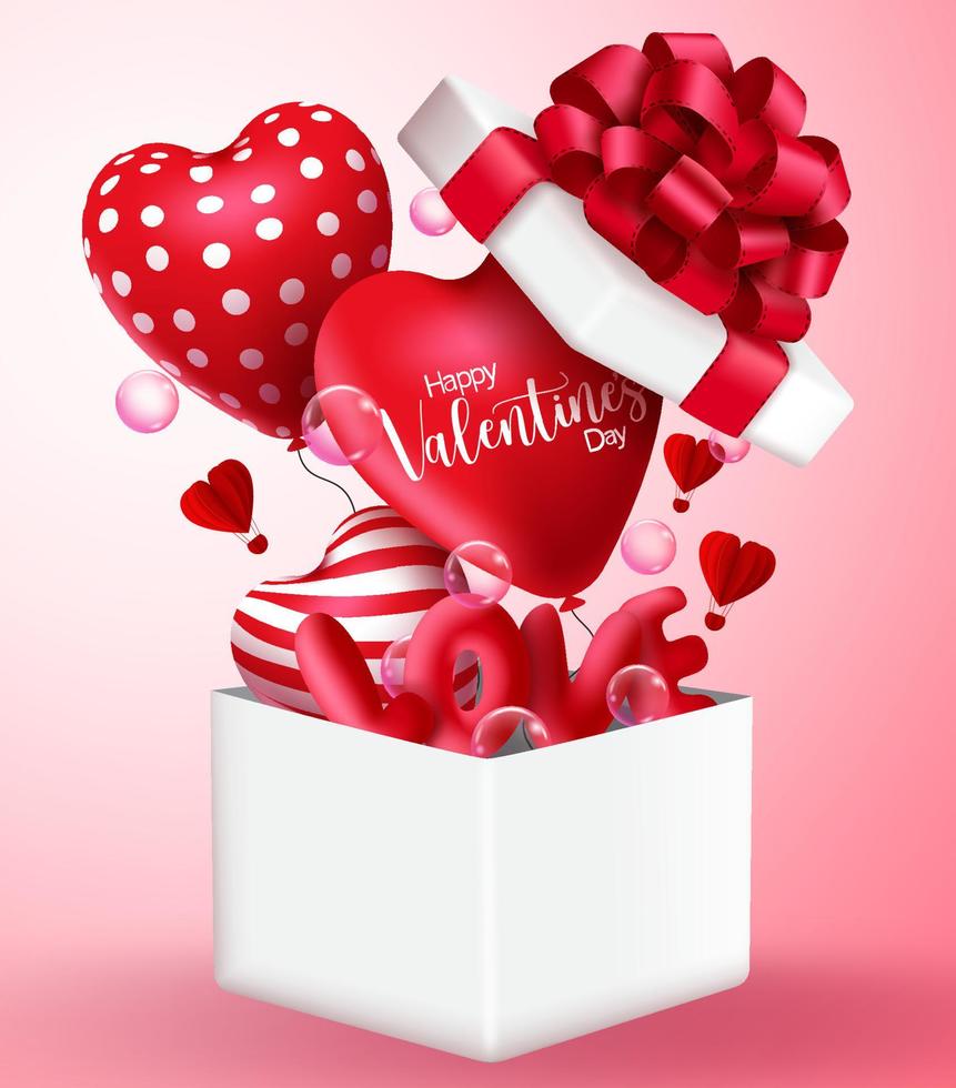 Valentine's gift vector concept design. Valentine's day surprise gift box with happy valentine's day greeting text in 3d realistic heart and love balloon elements for romantic valentines day.