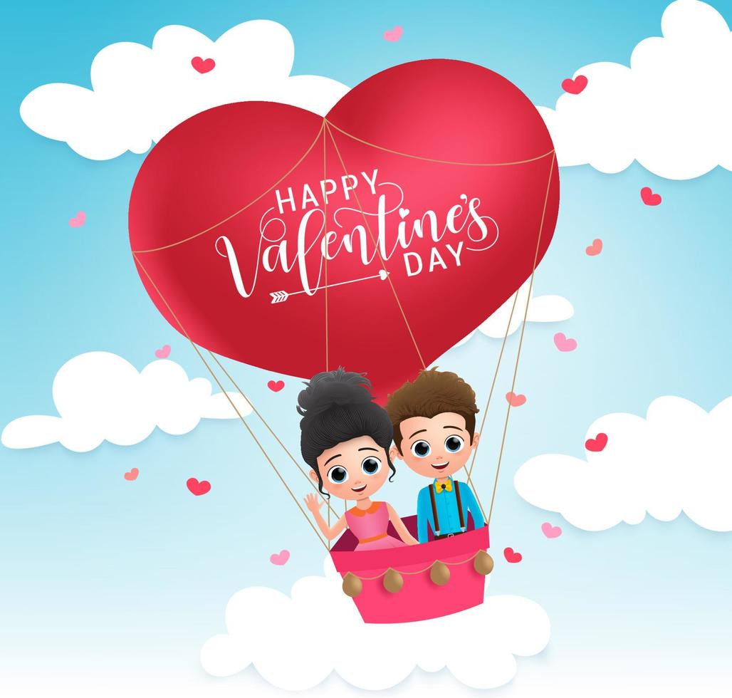 Valentine couple characters vector concept. Valentines lovers riding and dating in heart shape flying balloon with happy valentines day text. Vector illustration.