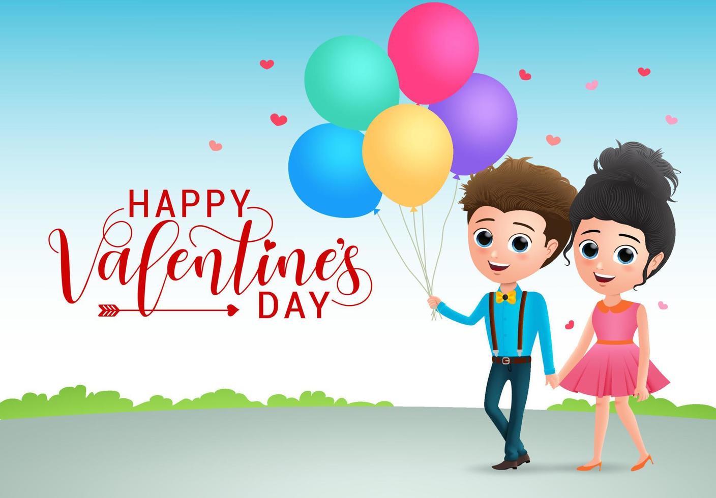 Valentines couple dating character vector background design. Valentine lovers character holding hands and walking in park holding colorful balloons element. Vector illustration.