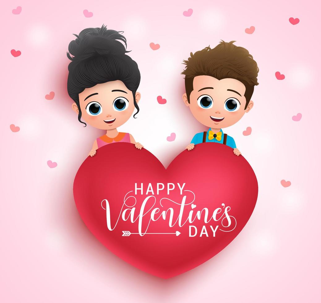 Valentine character vector banner design. Valentines couple characters holding heart shape element with happy valentines day greeting typography in pink background. Vector illustration.