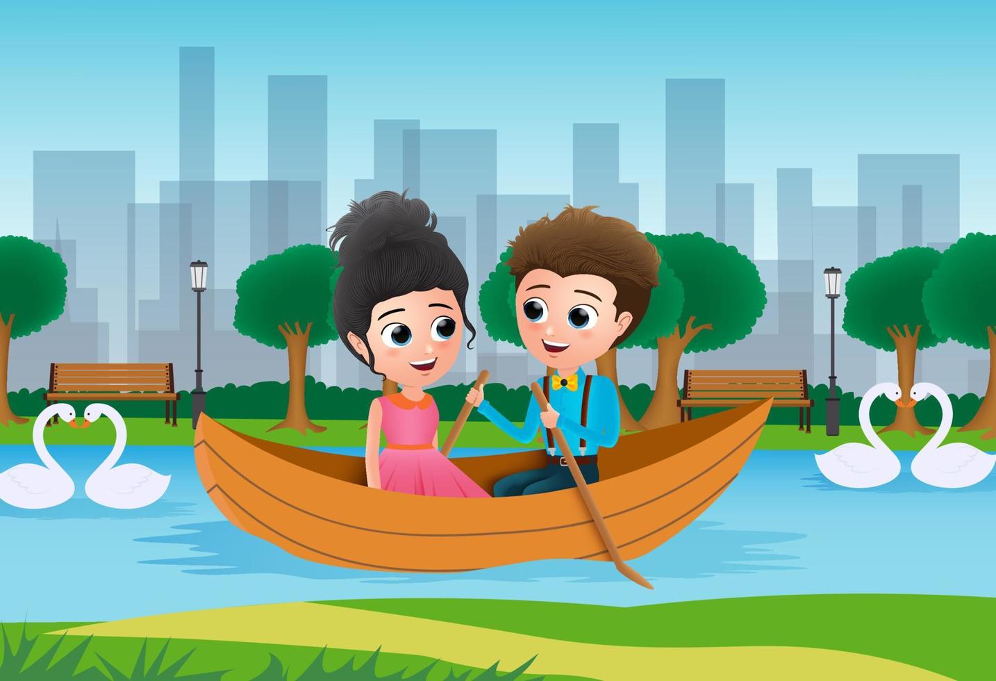 Valentine couple boating vector background concept. Valentines lovers character dating and riding a boat while talking and smiling. Vector illustration.