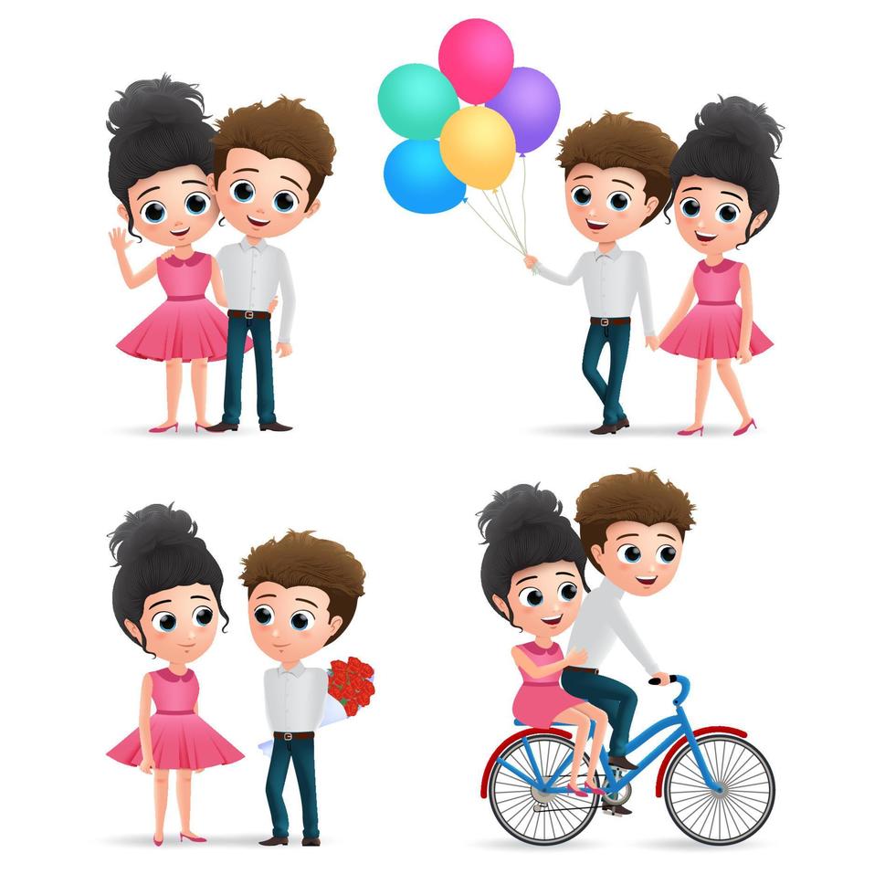 Conjunto de vectores de caracteres de citas de pareja de San Valentín. Amantes femeninos y masculinos personaje de San Valentín en caminar, andar en bicicleta, sorprender, agitar y sostener globos de colores aislados en fondo blanco.