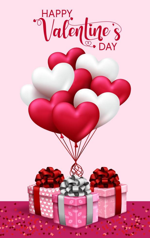 Valentine's vector background design. Happy valentine's day text with heart balloons and gifts element for valentines greeting card design. Vector illustration