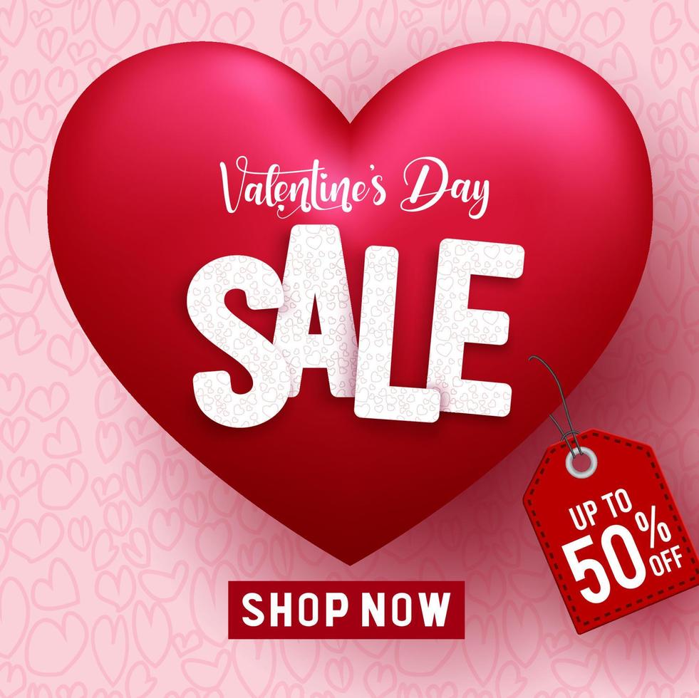 Valentine sale discount vector background concept. Valentine's day sale text and price tag with 3d heart element for valentine's shopping promotion. Vector illustration