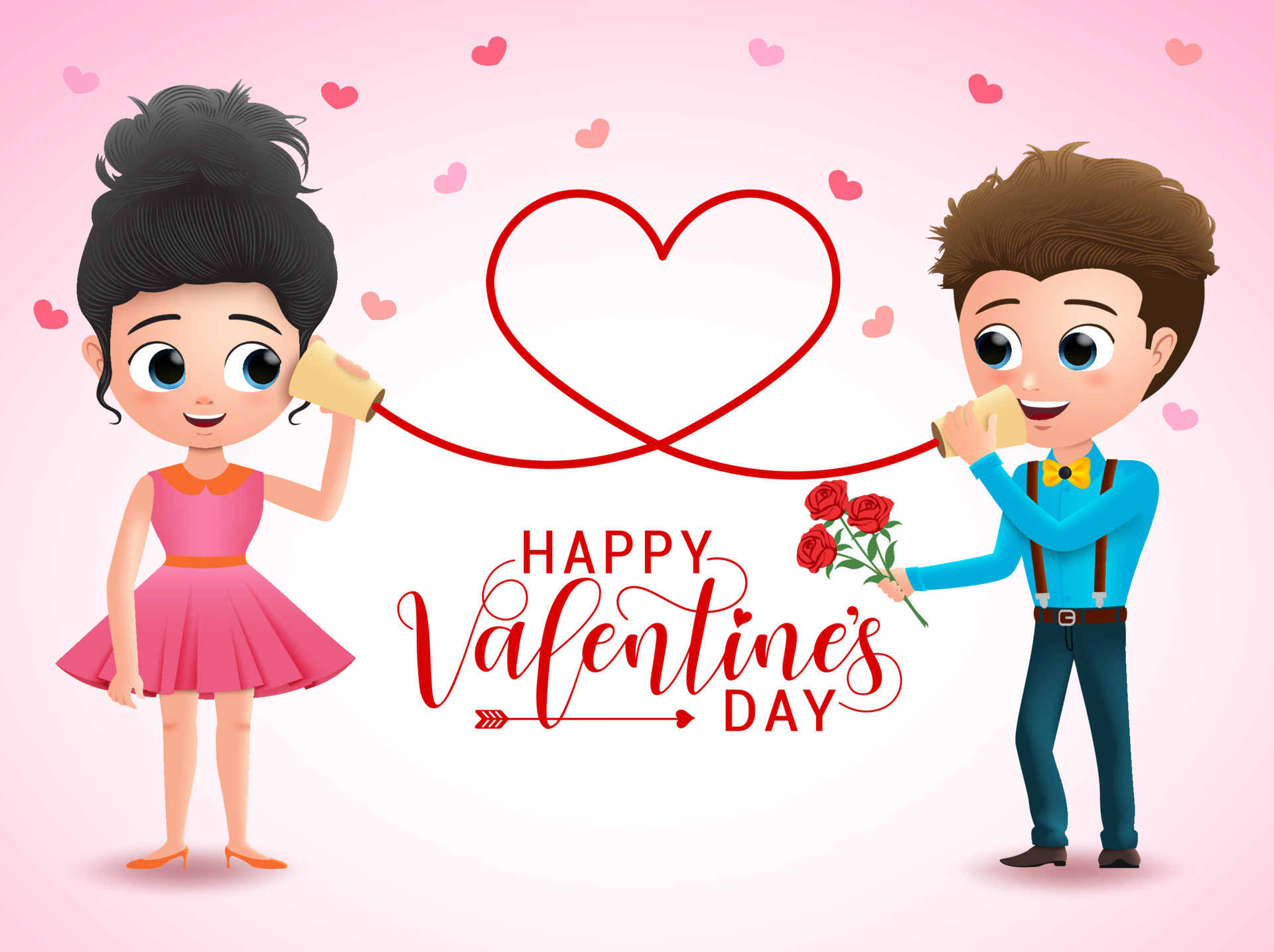 Valentines couple character vector design. Happy valentines day greeting  typography with couple cartoon characters calling in can telephone with  heart shape rope in pink background. 4926205 Vector Art at Vecteezy