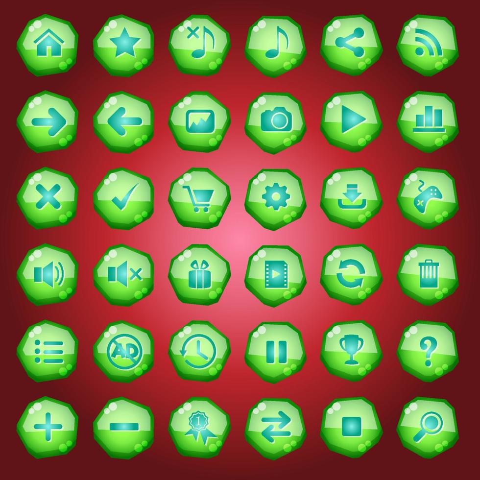 GUI buttons icons set for game interfaces color green light. vector