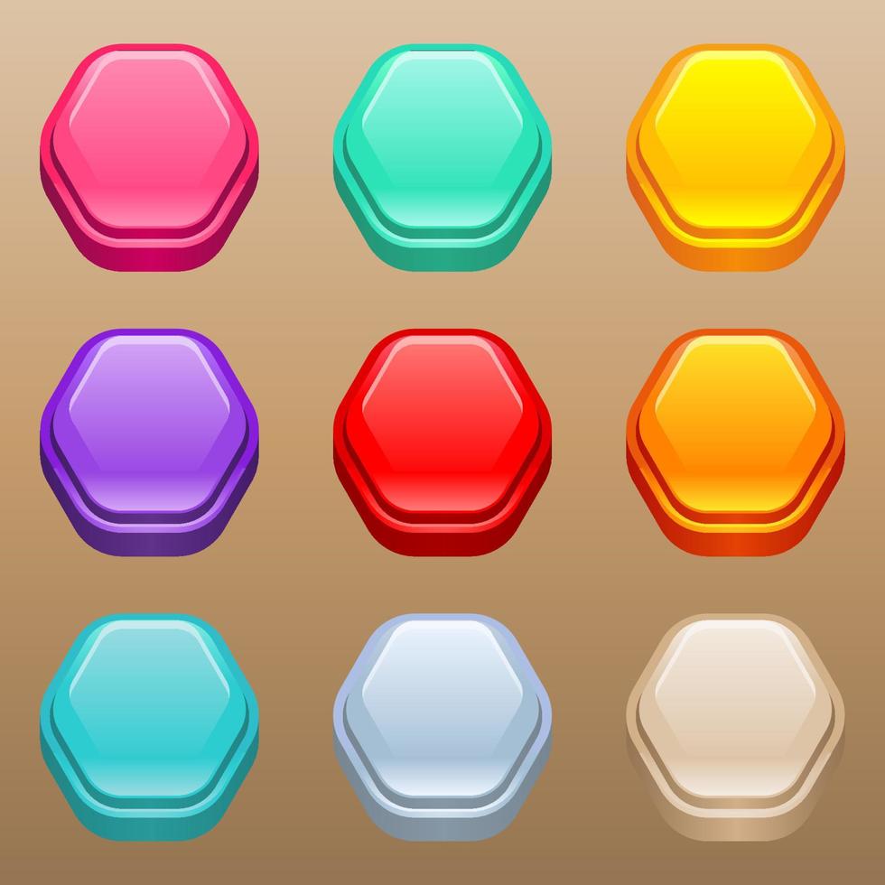 Hexagon buttons set for game design style glossy light. vector