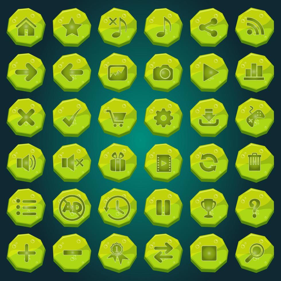 Stone buttons icons set for game interfaces green light. vector