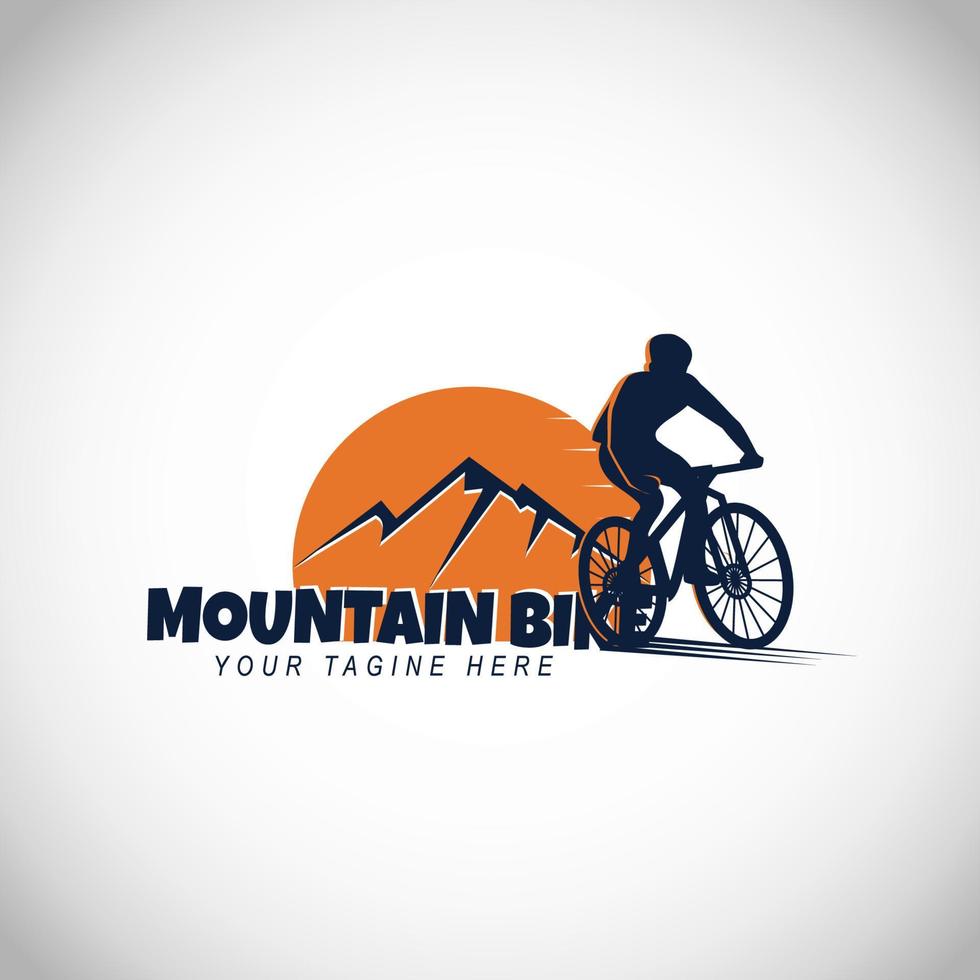 logotipo de paseo en bicicleta, vector con arte de montaña y sol.