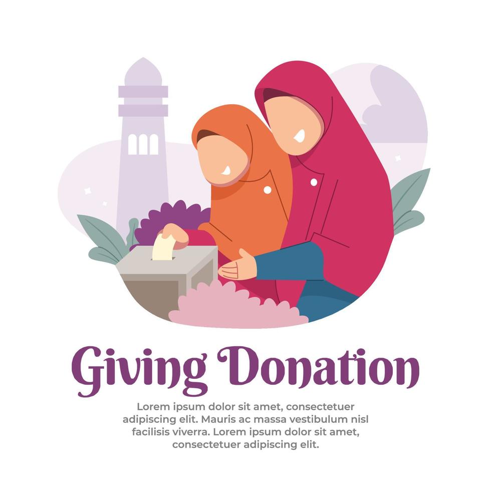 the illustration invites children to make donations in the month of Ramadan vector