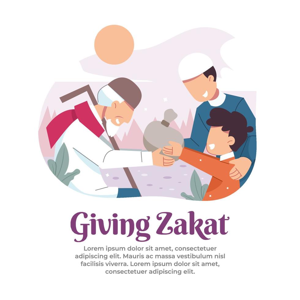 Ilustración de dar zakat a personas necesitadas en el mes de Ramadán. vector