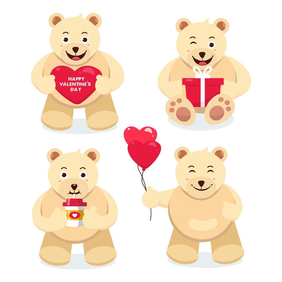 establecer ilustraciones vectoriales de imágenes prediseñadas de osos de peluche, feliz día de San Valentín, ilustración de personaje de dibujos animados vector