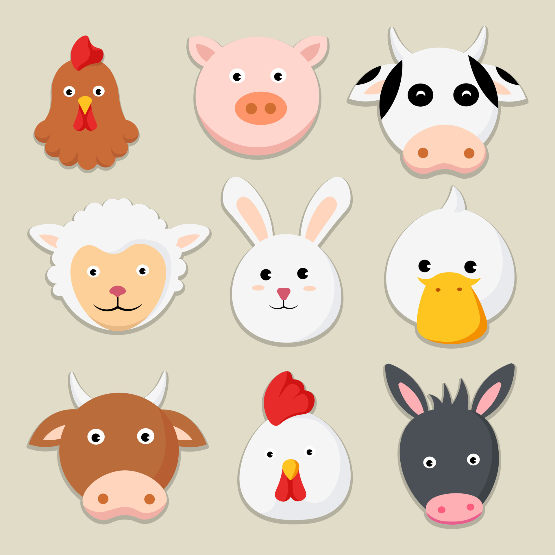 Farm animals cartoon icons set of chicken pig cow sheep rabbit duck bull chick donkey vector illustration 4926309 Vector Art at Vecteezy Farm animals cartoon icons set of chicken pig cow sheep rabbit duck bull chick donkey vector illustration 4926309 Vector Art at Vecteezy