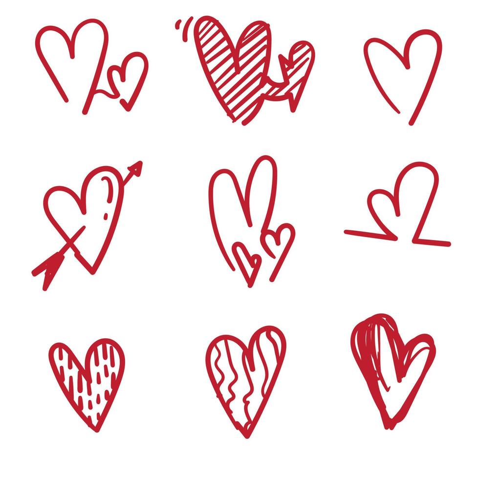 Doodle colección de corazones con vector de estilo dibujado a mano de color rojo