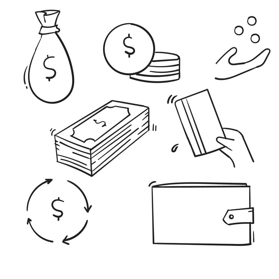 Doodle dinero línea iconos conjunto ilustración vectorial estilo dibujado a mano vector
