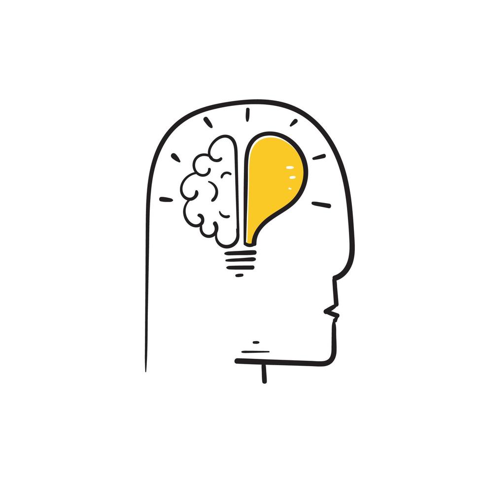 hand drawn doodle people brain bulb symbol for thinking idea. isolated vector
