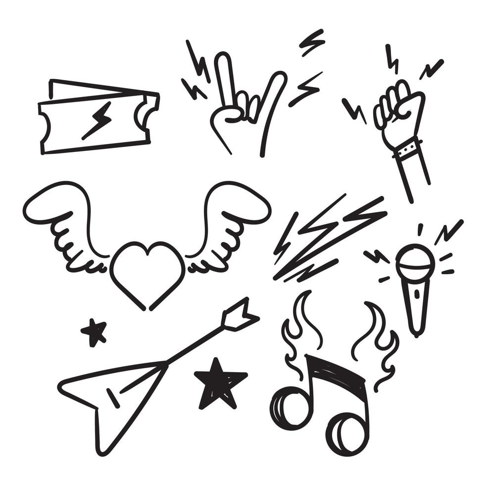 hand drawn doodle Rock and Roll related icon set illustration isolated vector