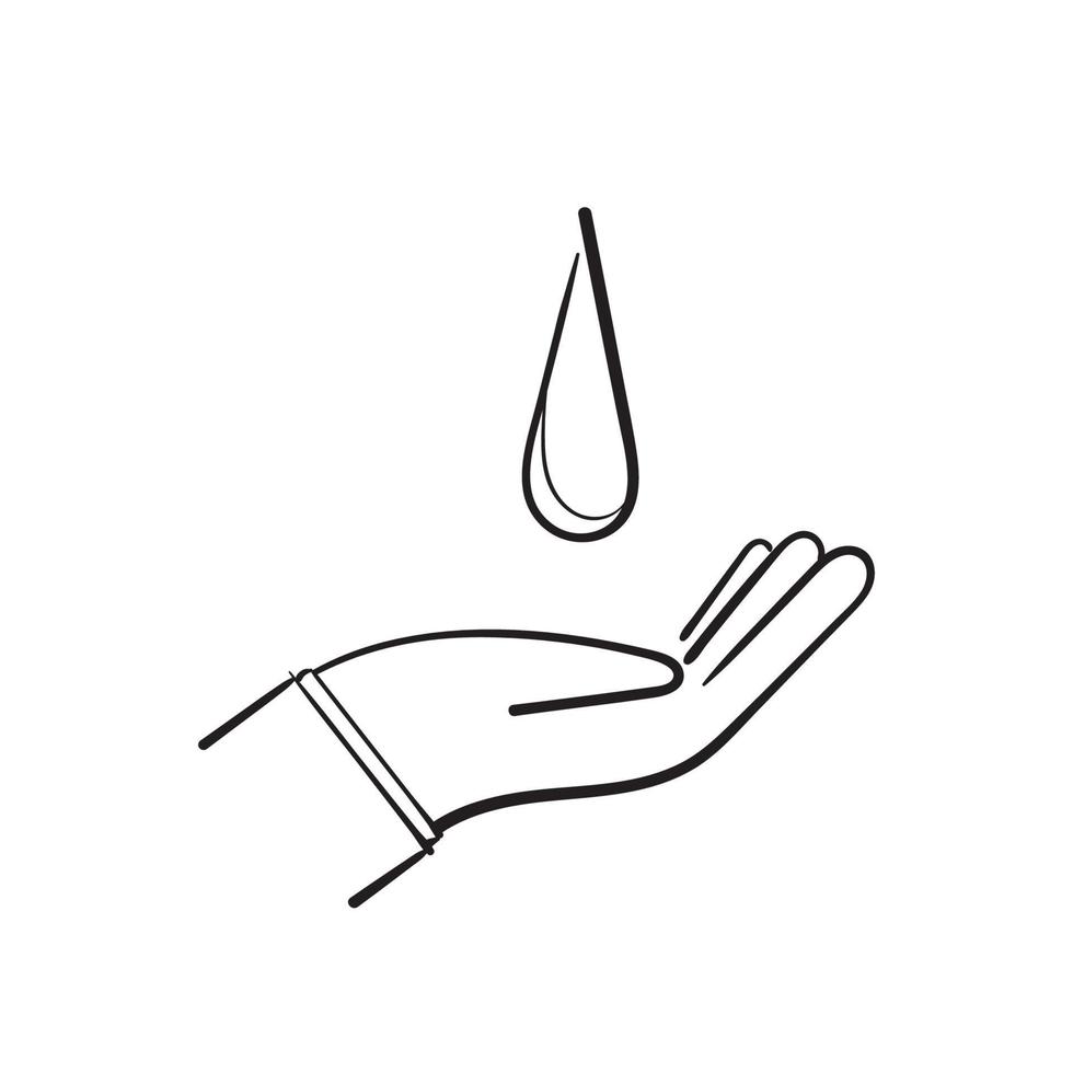 hand drawn doodle water drop on palm hand illustration symbol for save water vector