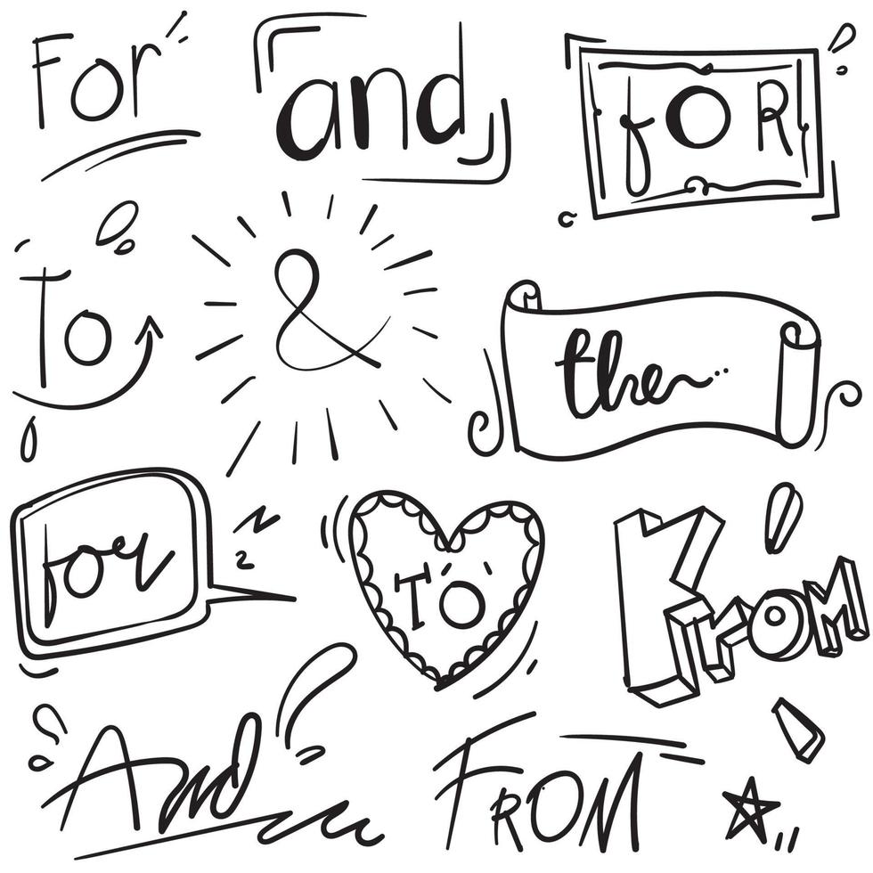 Hand drawn design elements set. words, With,from, by, for, to, the, and, with doodle ampersands, catchwords, calligraphy, ribbon handdrawn style vector