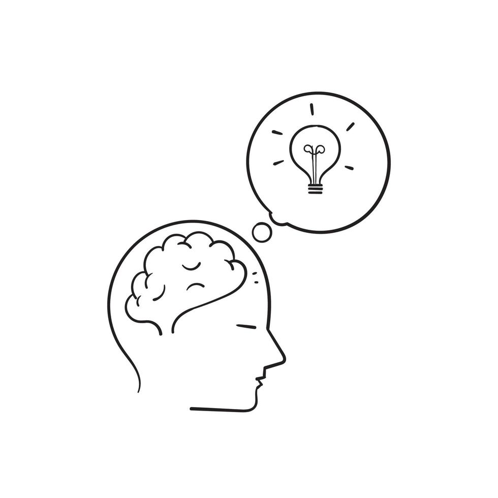 Dibujado a mano doodle personas símbolo del bulbo del cerebro para pensar la idea. vector aislado
