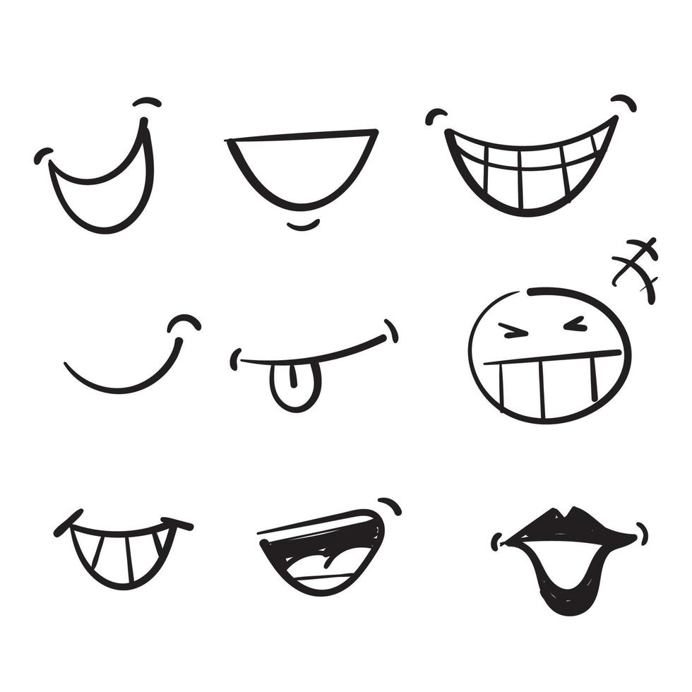 Dibujado a mano doodle icono de colección de sonrisa de dibujos animados aislado vector